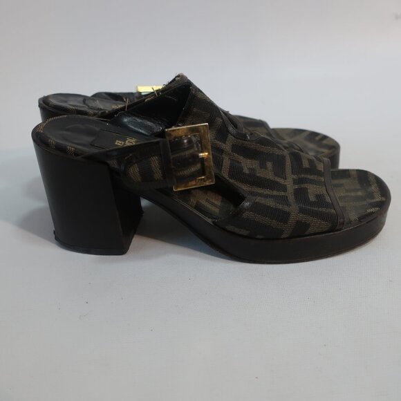 Authentic Fendi F Zucca Logo Graphic Brown Open Toe Chunky Block Heel Sandal 7 - Picture 8 of 16